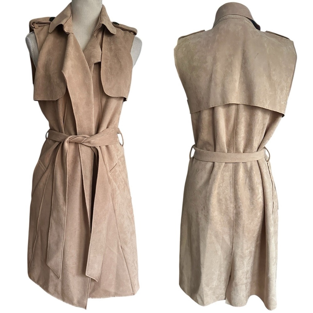 Bebe Women's Faux Suede Belted Sleeveless Trench Vest Warm Taupe XS Neutral‎